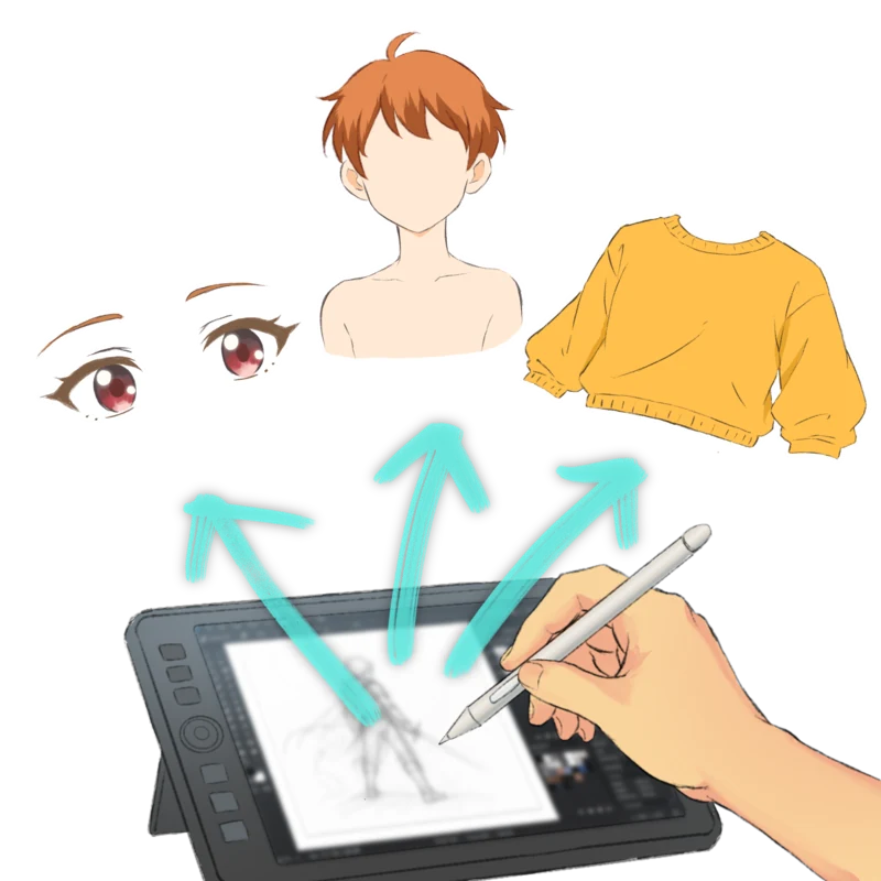 液晶タブレットから、目・顔・服のレイヤー素材を描き出す様子